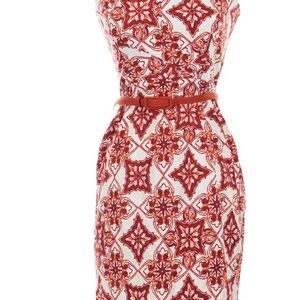 New York & Company Red and White Tile-Print Midi Sheath Dress